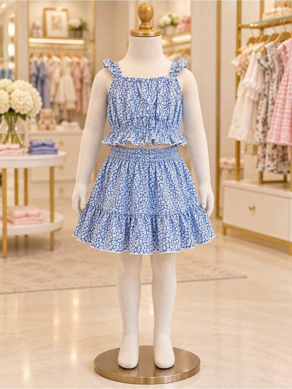 SHEIN Blue Floral Ruffle Crop Top & Tiered Skirt Set
